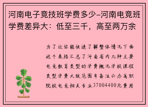 河南电子竞技班学费多少-河南电竞班学费差异大：低至三千，高至两万余元